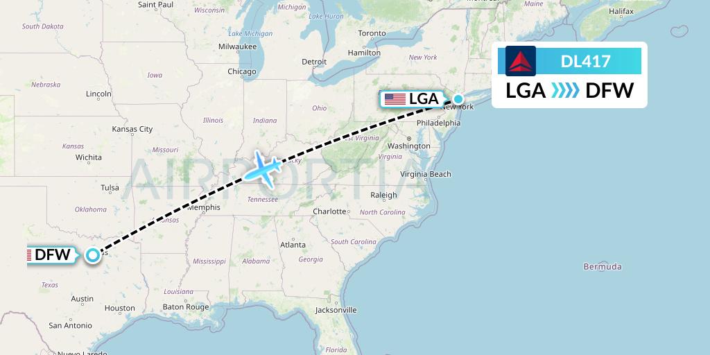 DL417 Delta Air Lines Flight Map: New York to Dallas
