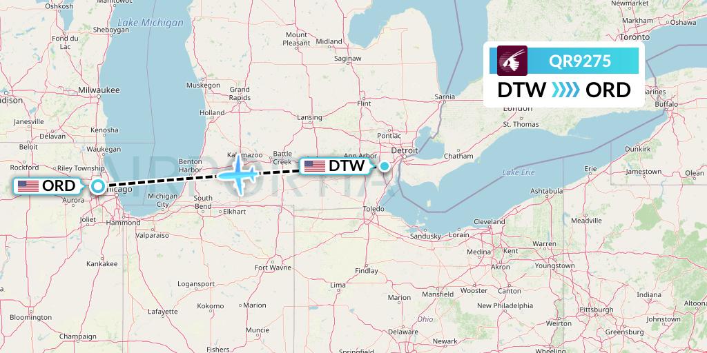 QR9275 Qatar Airways Flight Map: Detroit to Chicago