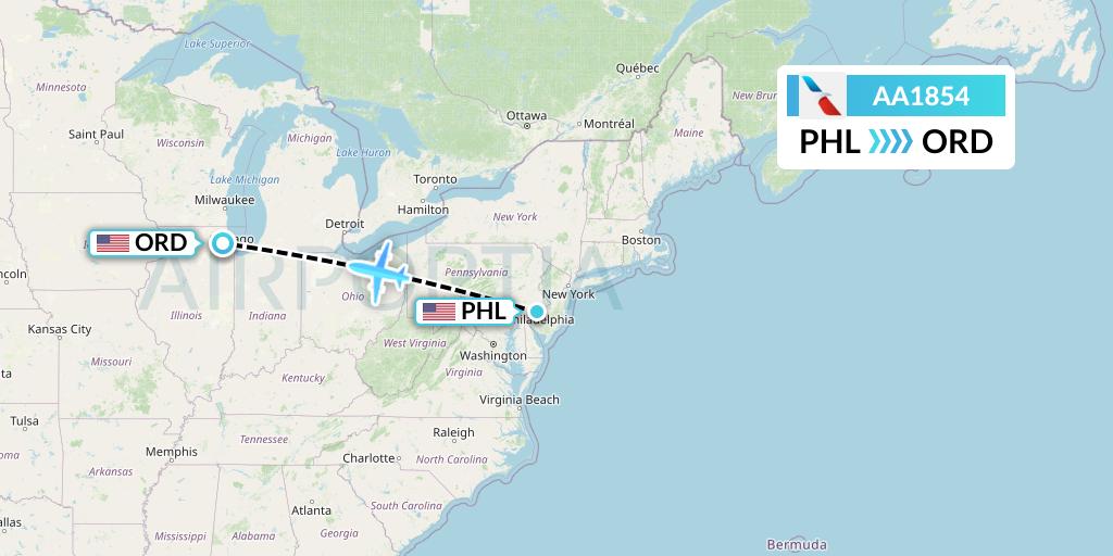 AA1854 American Airlines Flight Map: Philadelphia to Chicago