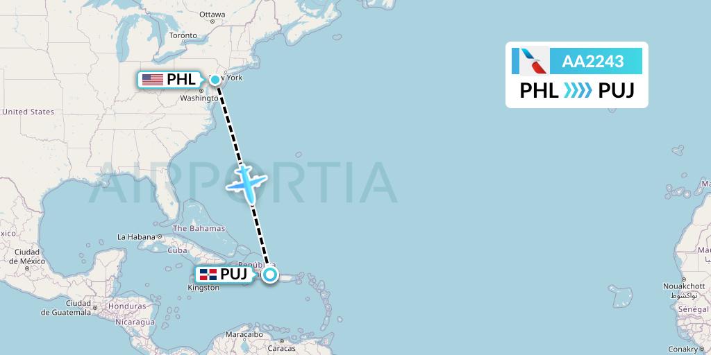AA2243 American Airlines Flight Map: Philadelphia to Punta Cana