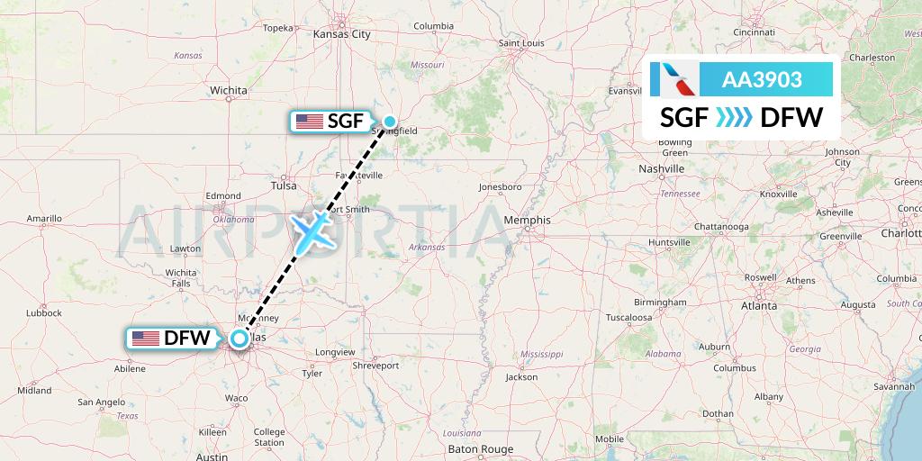 AA3903 American Airlines Flight Map: Springfield to Dallas