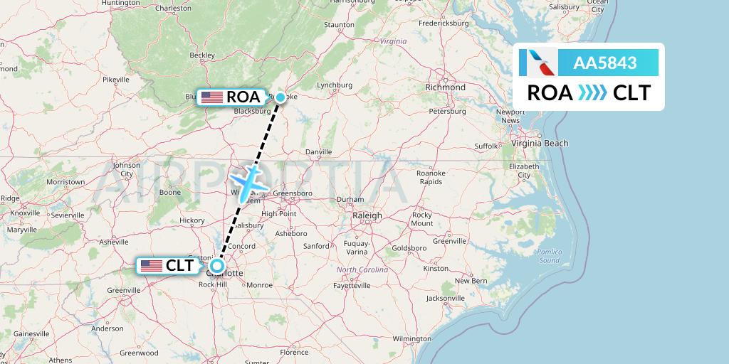 AA5843 American Airlines Flight Map: Roanoke to Charlotte