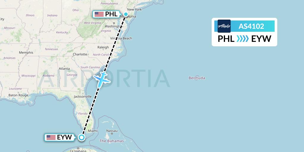 AS4102 Alaska Airlines Flight Map: Philadelphia to Key West