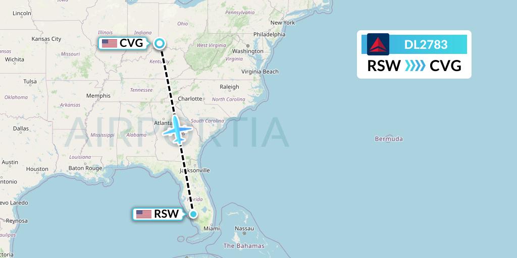 DL2783 Delta Air Lines Flight Map: Fort Myers to Cincinnati