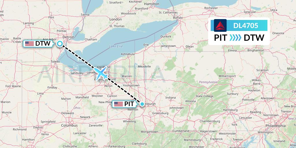 DL4705 Delta Air Lines Flight Map: Pittsburgh to Detroit