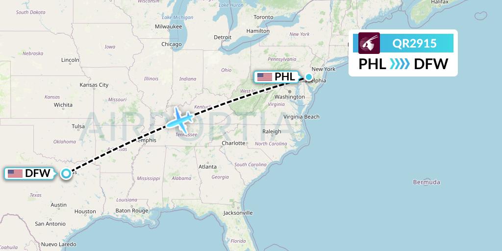 QR2915 Qatar Airways Flight Map: Philadelphia to Dallas
