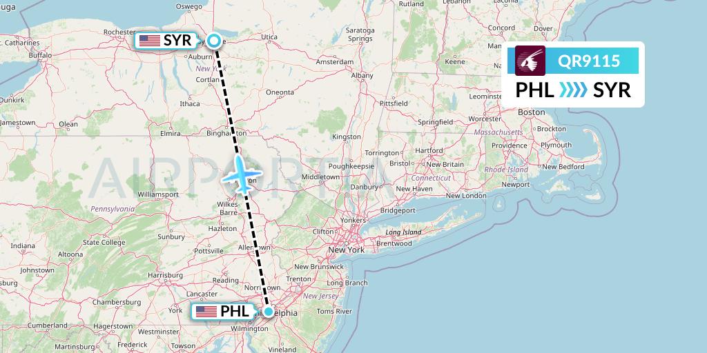 QR9115 Qatar Airways Flight Map: Philadelphia to Syracuse
