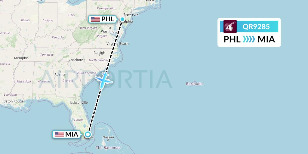 QR9285 Qatar Airways Flight Map: Philadelphia to Miami
