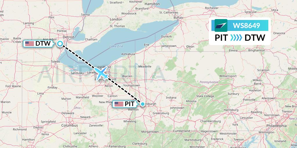 WS8649 WestJet Flight Map: Pittsburgh to Detroit