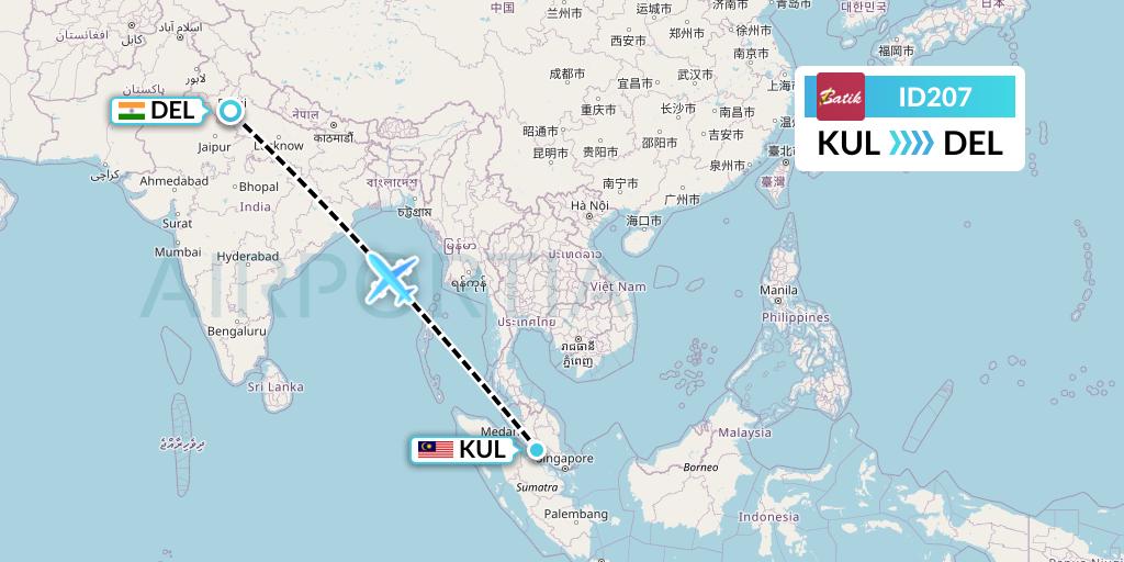 ID207 Batik Air Flight Map: Kuala Lumpur to Delhi