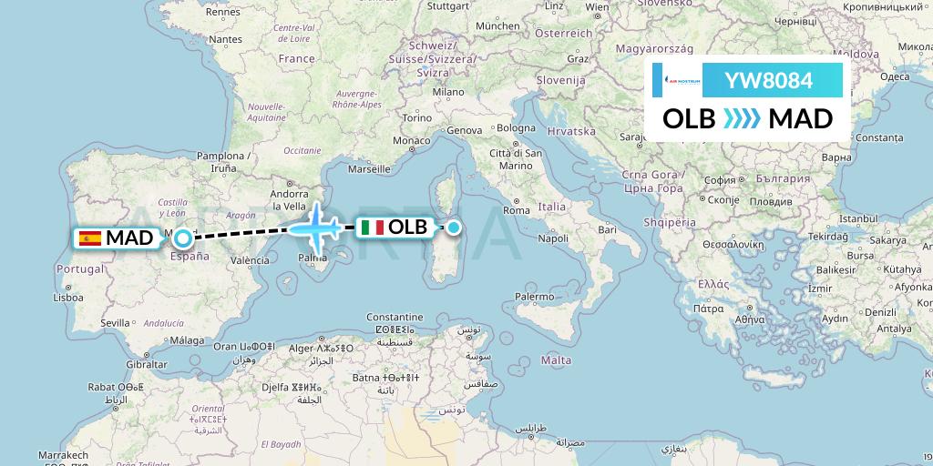 YW8084 Air Nostrum Flight Map: Olbia to Madrid