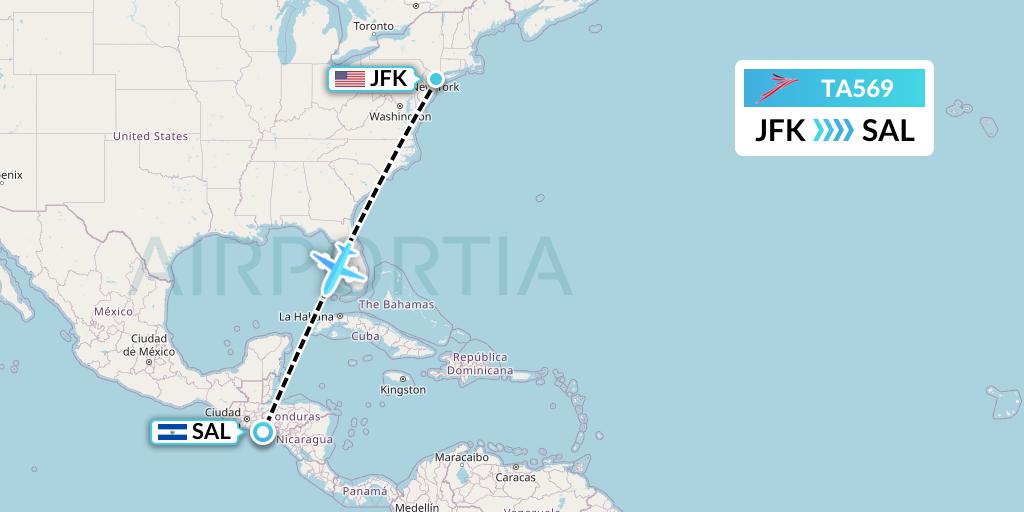TA569 TACA Airlines Flight Map: New York to San Salvador