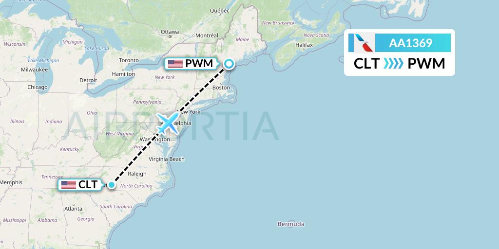 AA1369 American Airlines Flight Map: Charlotte to Portland