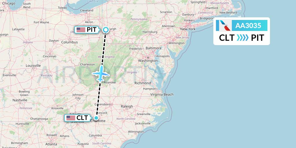 AA3035 American Airlines Flight Map: Charlotte to Pittsburgh