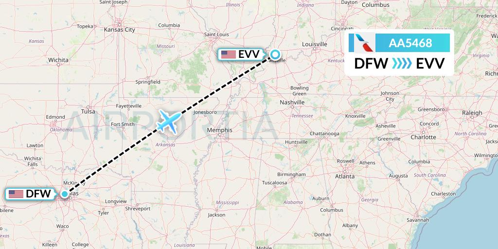 AA5468 American Airlines Flight Map: Dallas to Evansville