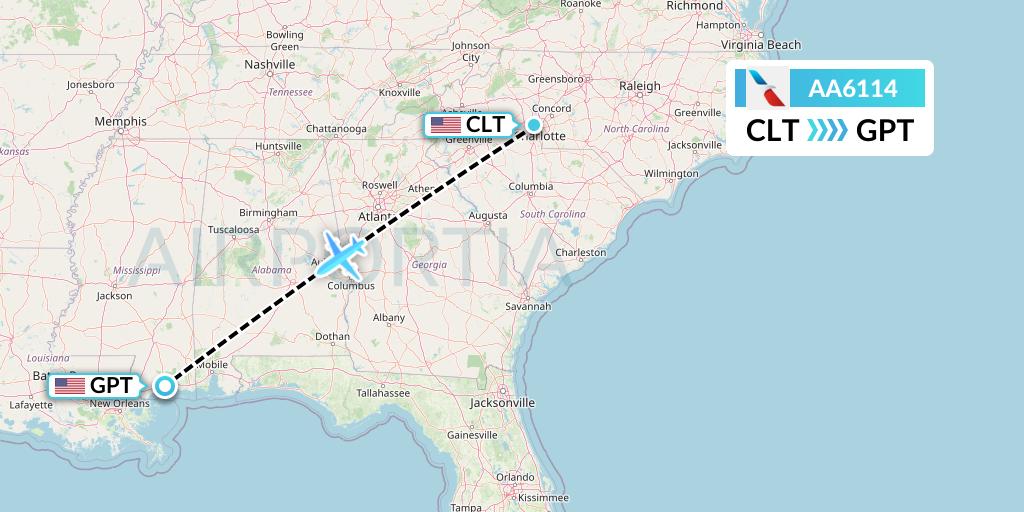 AA6114 American Airlines Flight Map: Charlotte to Gulfport