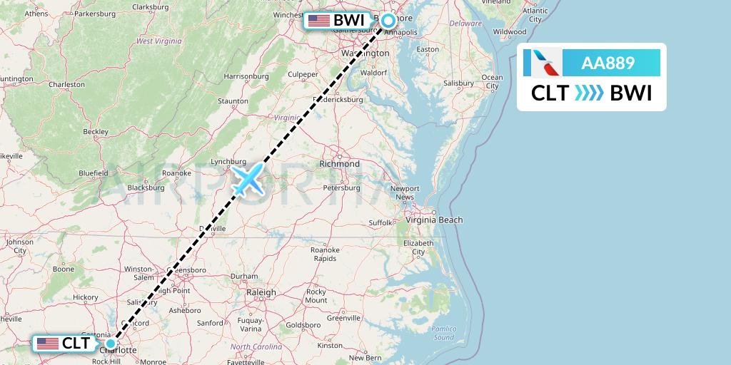 AA889 American Airlines Flight Map: Charlotte to Baltimore