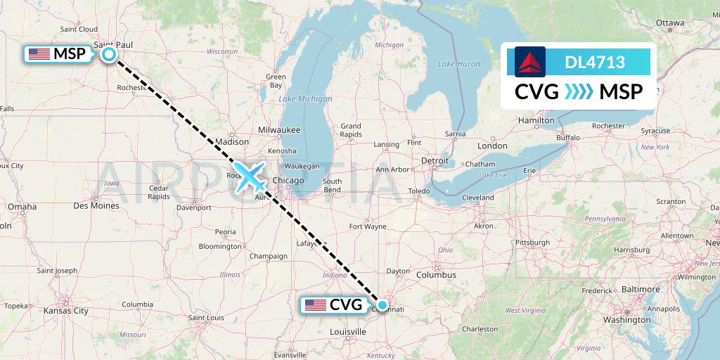 DL4713 Delta Air Lines Flight Map: Cincinnati to Minneapolis