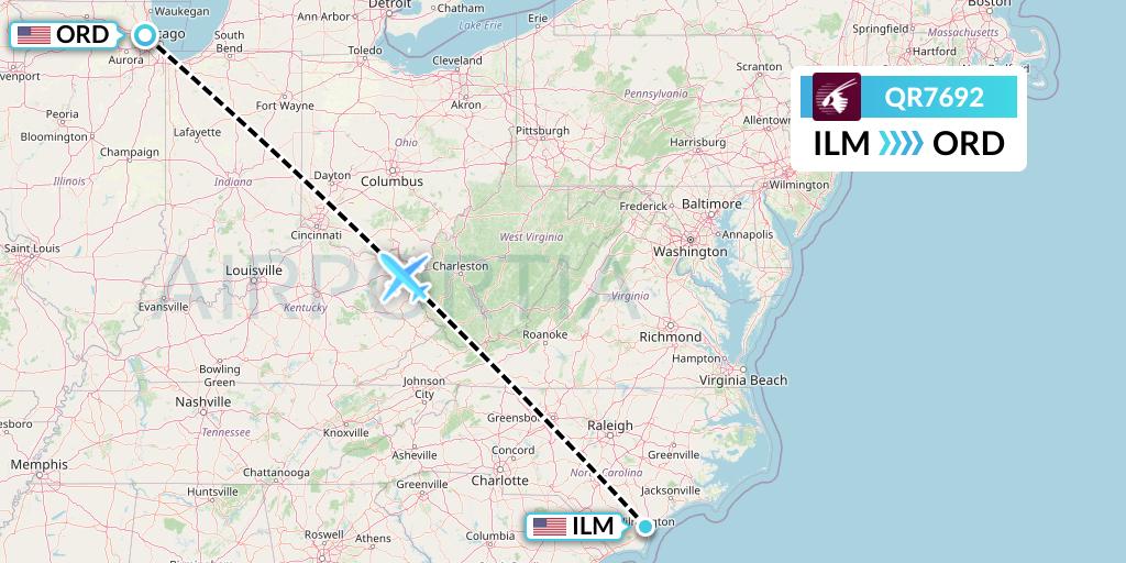 QR7692 Qatar Airways Flight Map: Wilmington to Chicago