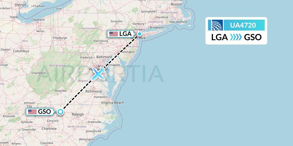 UA4720 United Airlines Flight Map: New York to Greensboro