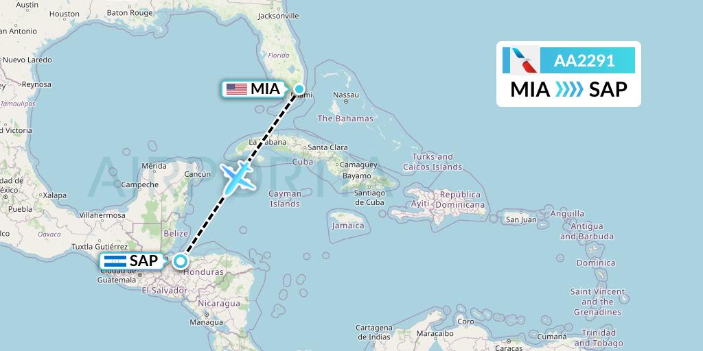 AA2291 American Airlines Flight Map: Miami to San Pedro Sula
