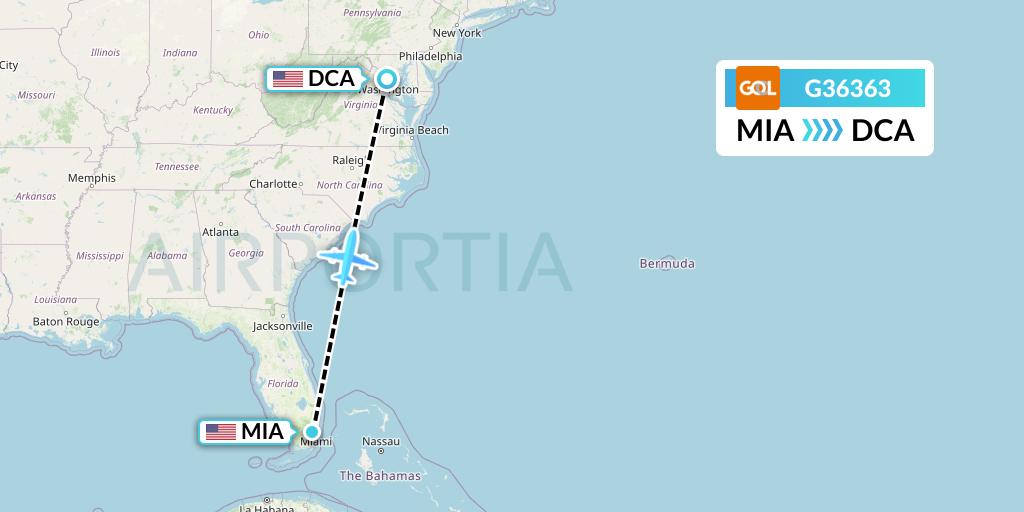 G36363 GOL Transportes Aeros Flight Map: Miami to Washington