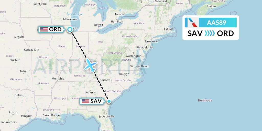 AA589 American Airlines Flight Map: Savannah to Chicago