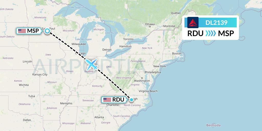 DL2139 Delta Air Lines Flight Map: Raleigh-Durham to Minneapolis