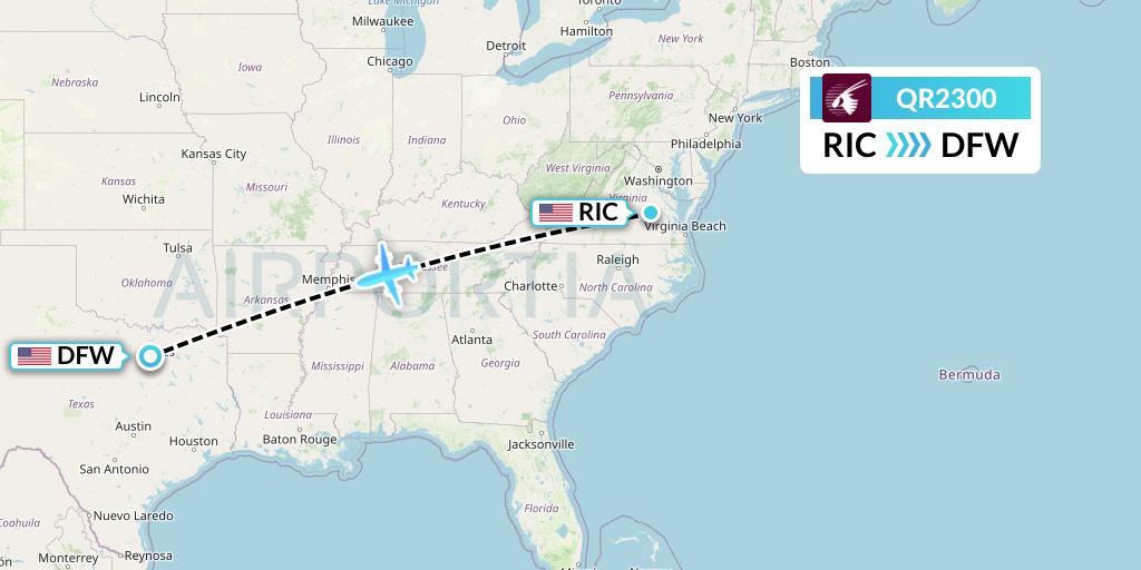 QR2300 Qatar Airways Flight Map: Richmond to Dallas