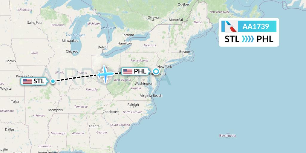 AA1739 American Airlines Flight Map: St. Louis to Philadelphia