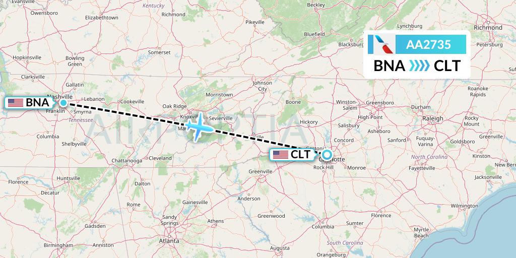 AA2735 American Airlines Flight Map: Nashville to Charlotte