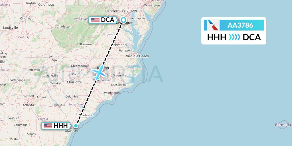 AA3786 American Airlines Flight Map: Hilton Head Island to Washington