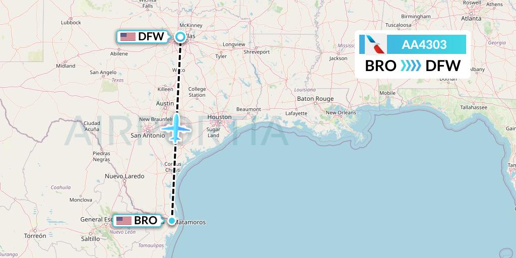 AA4303 American Airlines Flight Map: Brownsville to Dallas