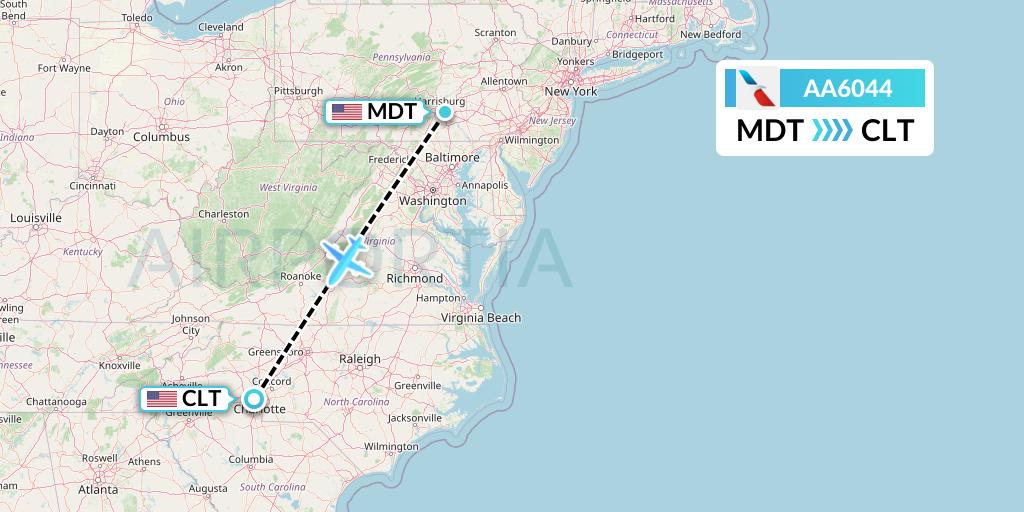 AA6044 American Airlines Flight Map: Harrisburg to Charlotte