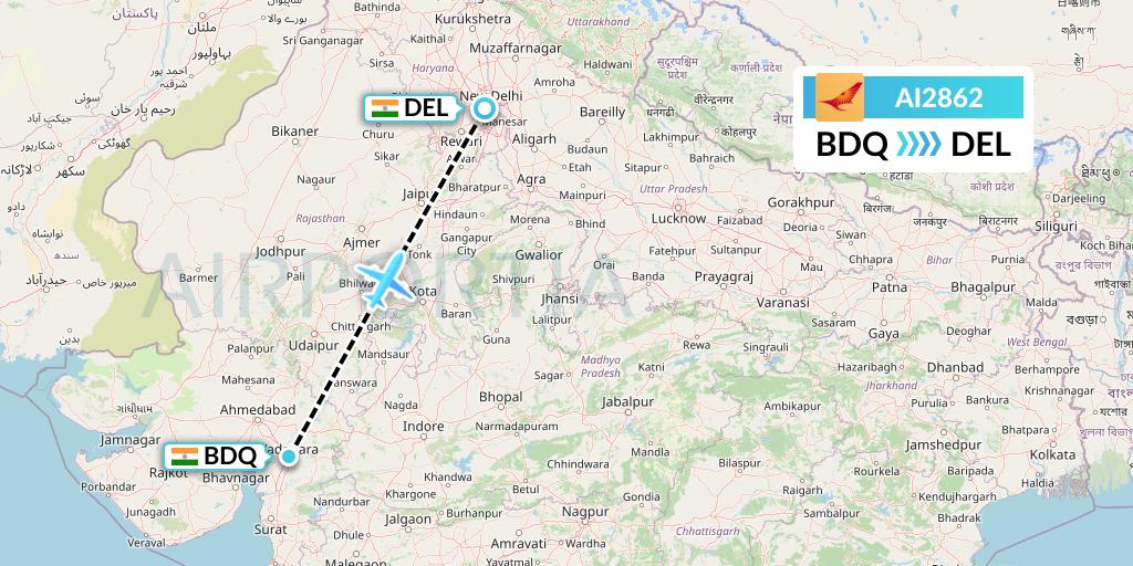 AI2862 Air India Flight Map: Vadodara to Delhi