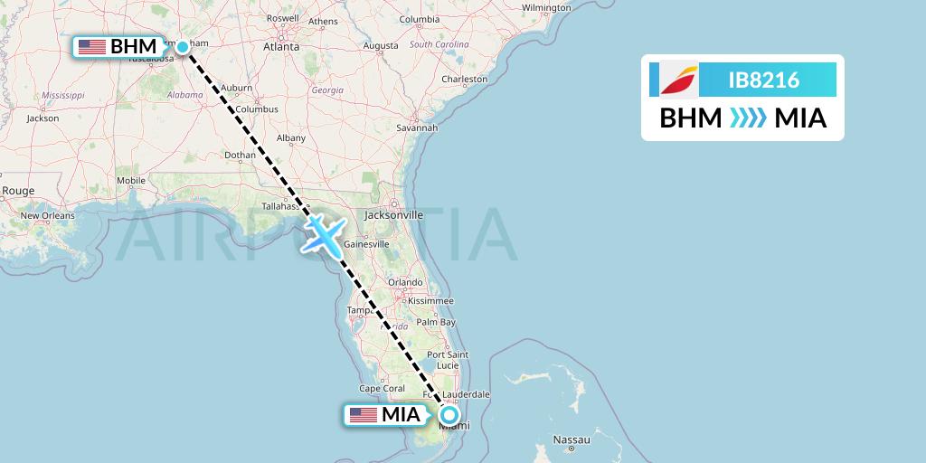 IB8216 Iberia Flight Map: Birmingham to Miami