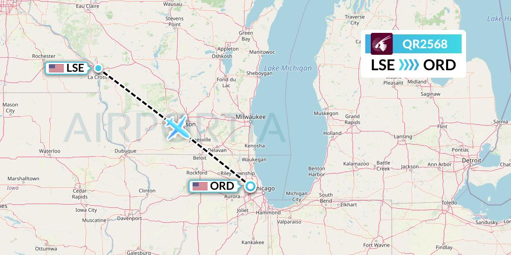 QR2568 Qatar Airways Flight Map: La Crosse to Chicago