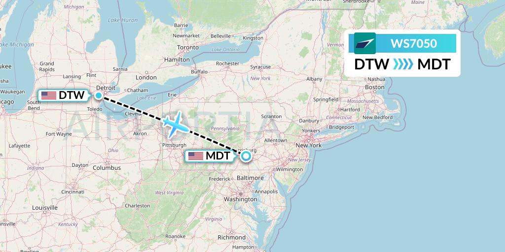 WS7050 WestJet Flight Map: Detroit to Harrisburg