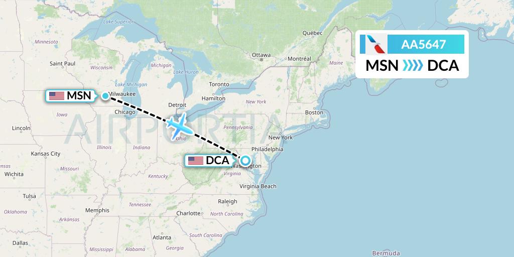 AA5647 American Airlines Flight Map: Madison to Washington