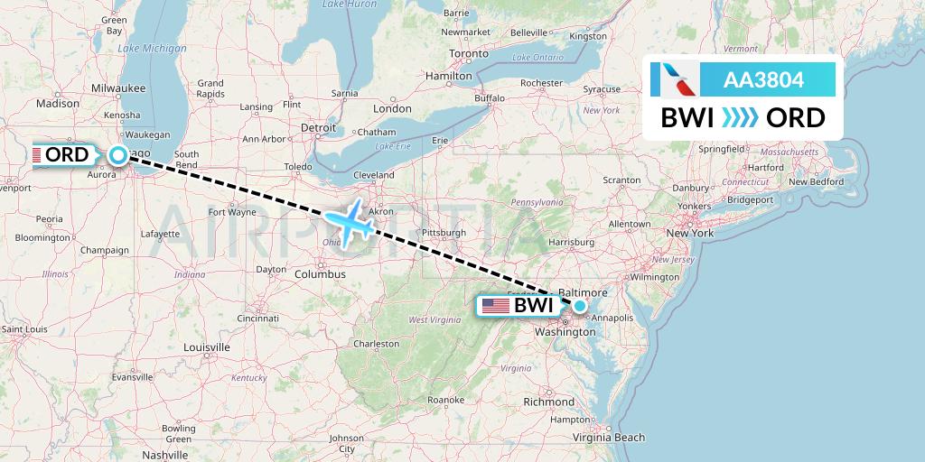 AA3804 American Airlines Flight Map: Baltimore to Chicago