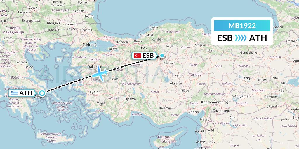 MB1922 MNG Airlines Flight Map: Ankara to Athens