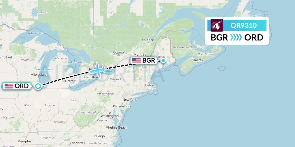 QR9310 Qatar Airways Flight Map: Bangor to Chicago