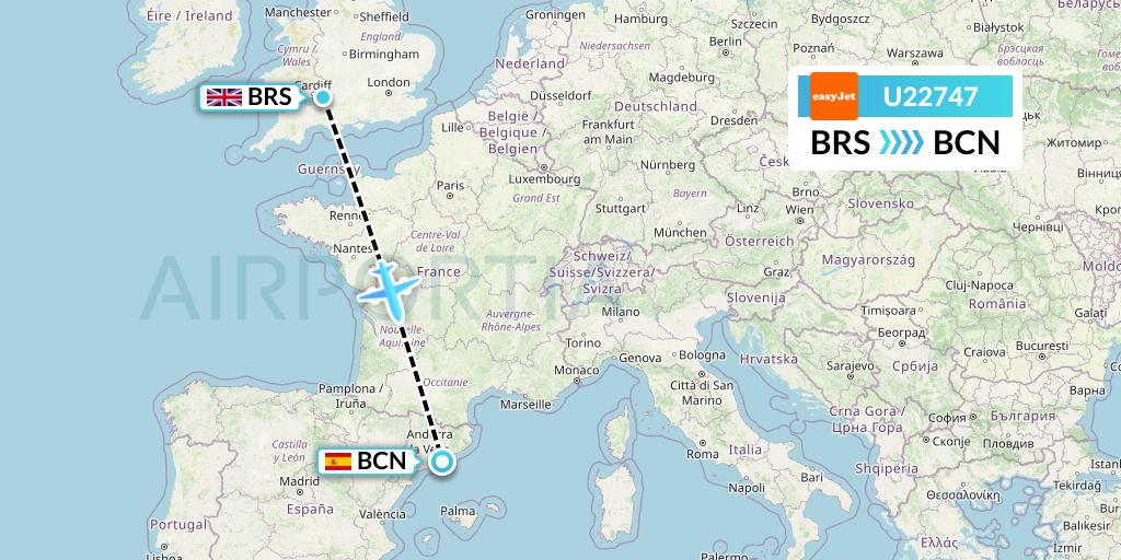 U22747 EasyJet Flight Map: Bristol to Barcelona