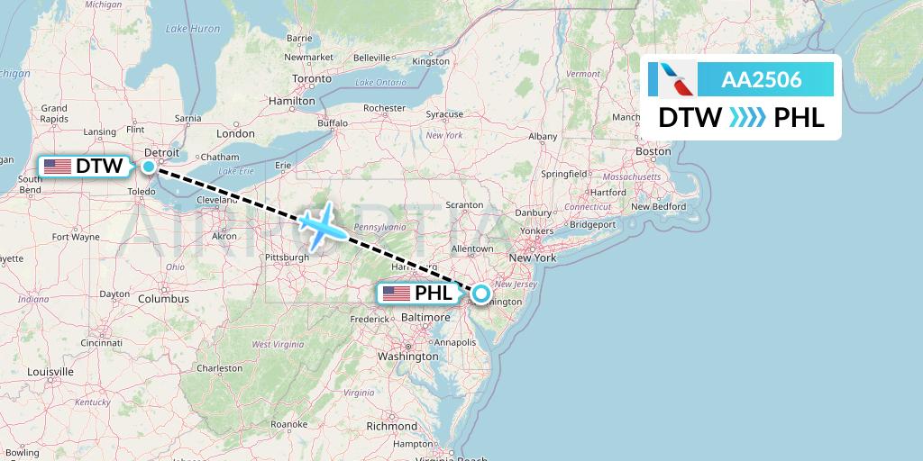 AA2506 American Airlines Flight Map: Detroit to Philadelphia