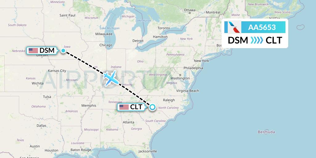 AA5653 American Airlines Flight Map: Des Moines to Charlotte
