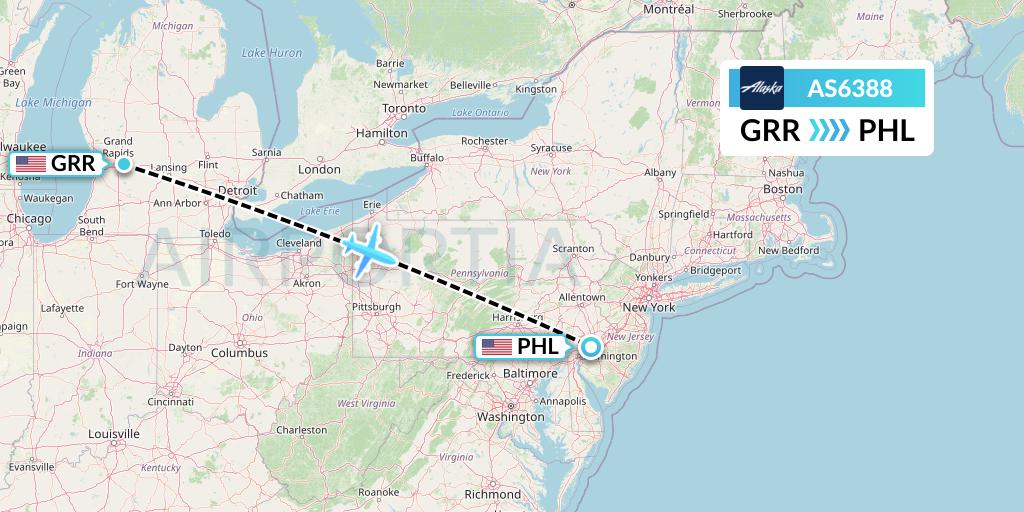 AS6388 Alaska Airlines Flight Map: Grand Rapids to Philadelphia