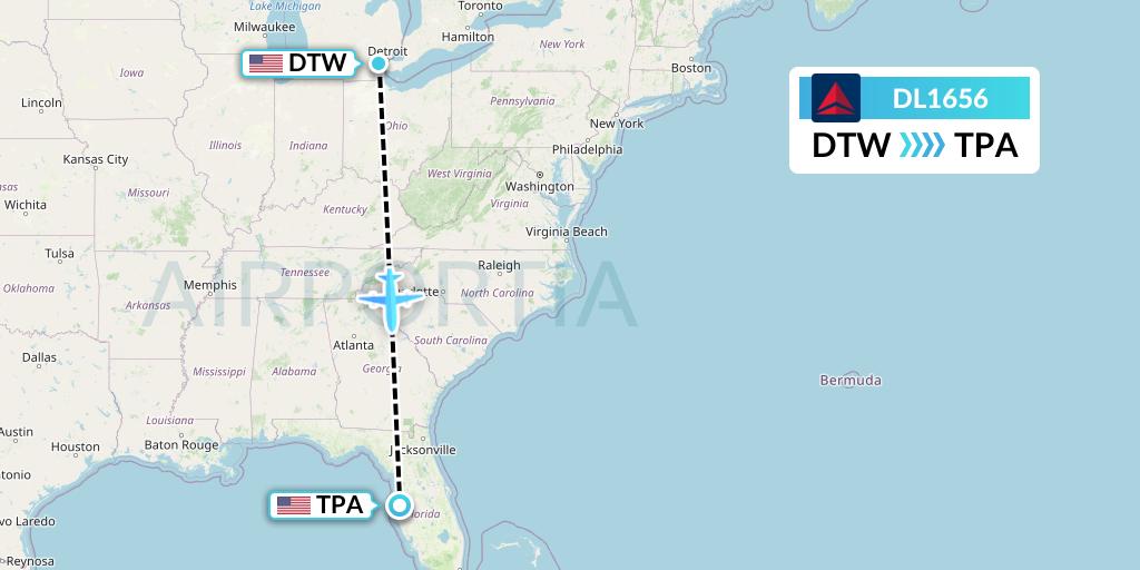 DL1656 Delta Air Lines Flight Map: Detroit to Tampa