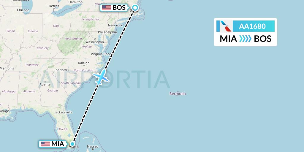 AA1680 American Airlines Flight Map: Miami to Boston