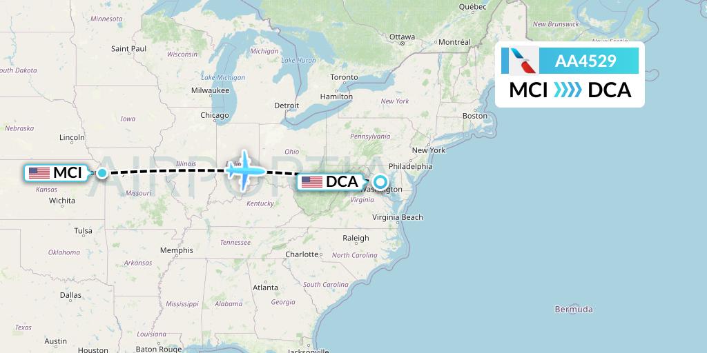 AA4529 American Airlines Flight Map: Kansas City to Washington