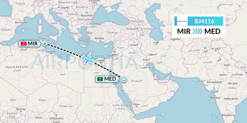 BJ4116 Nouvelair Tunisie Flight Map: Monastir to Medina